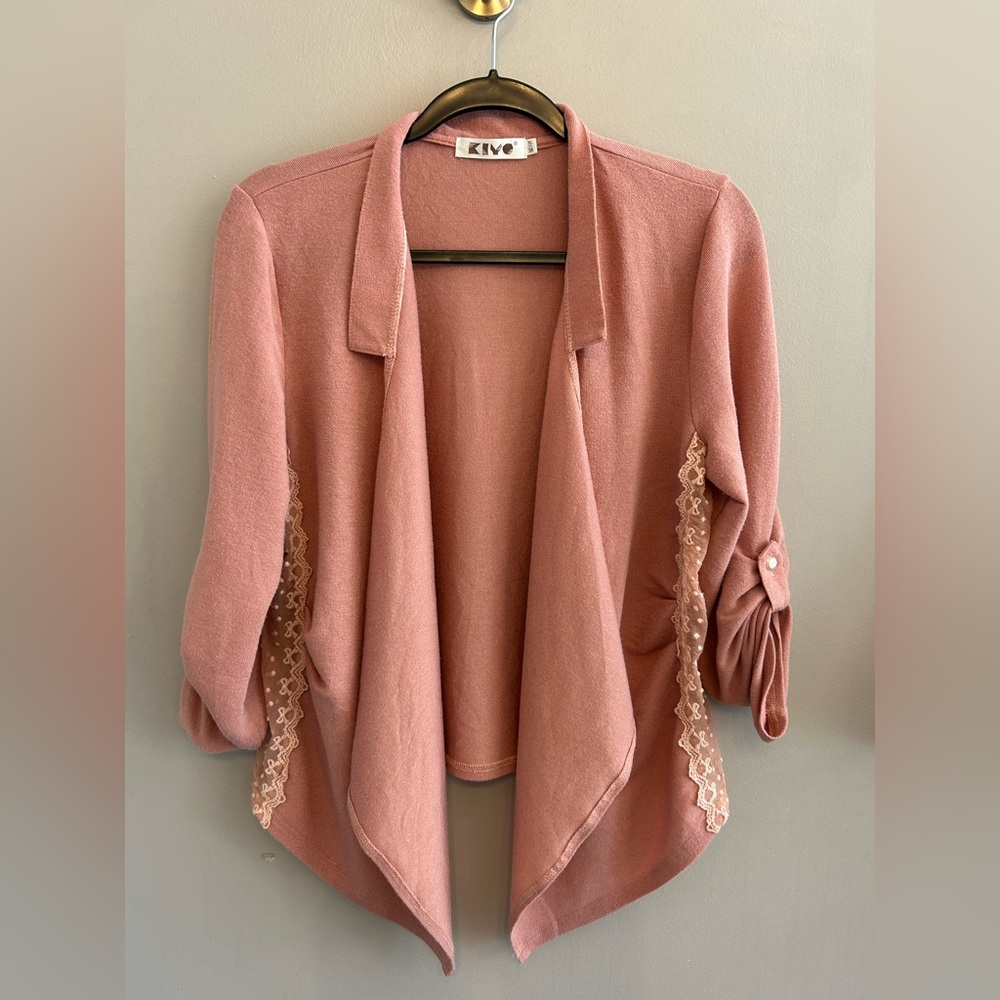 Kiyo Y2K blush pink cardigan with lace sides and rolled up buttoned sleeves XL